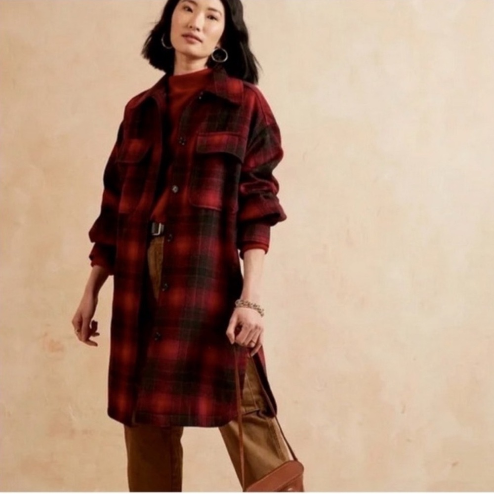 Banana Republic Red Plaid Long Jacket